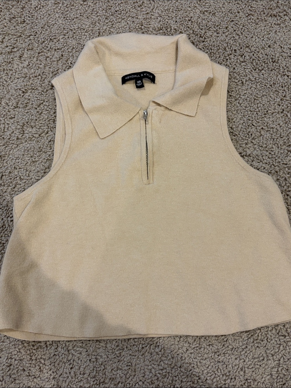 Kendall & Kylie Beige Sleeveless Zip Polo Crop Top
